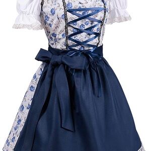 Women’s Medium Navy Blue Floral Dirndl Dress with Satin Bow